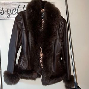 Genuine Leather Coat, Mink Fur, Brown, Size Large